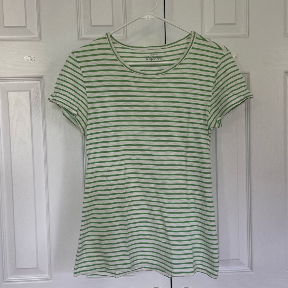 J Crew green and white striped shirt-sleeved shirt